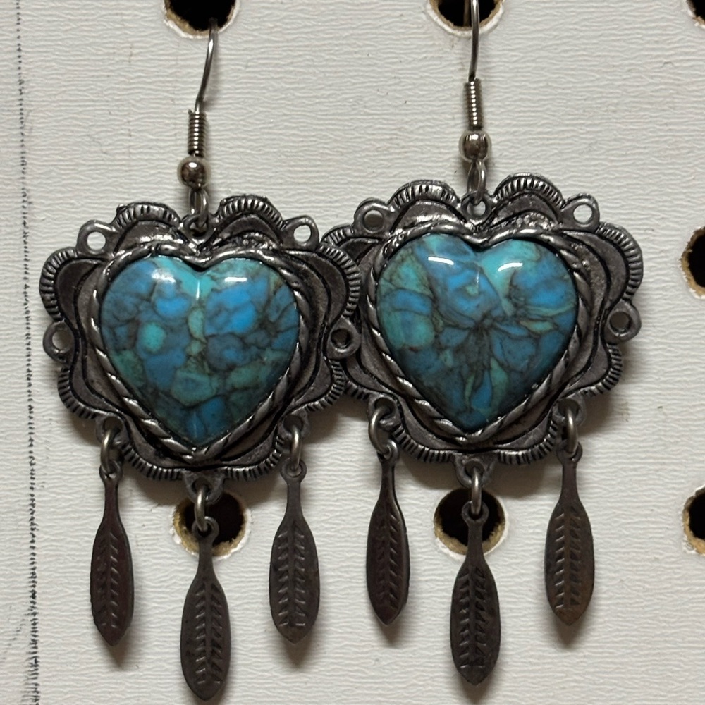 Heart-Shaped Turquoise and Silver Earrings